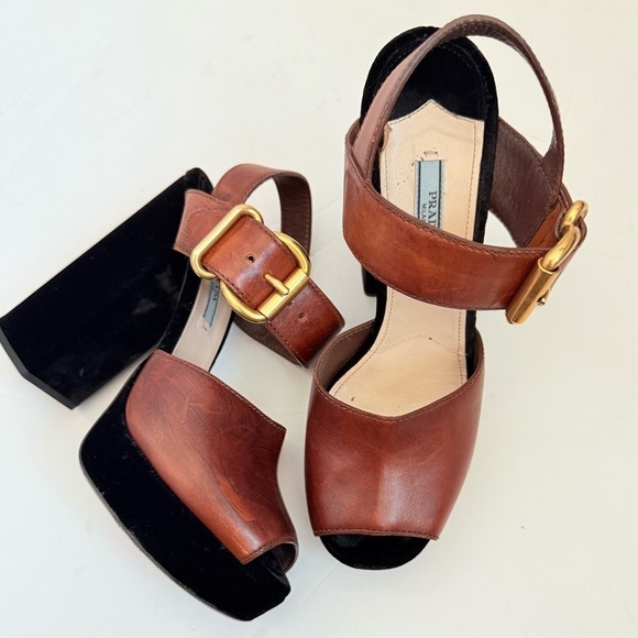 Prada Black/Brown Velvet & Leather Platform Block Heel Ankle Strap Sandals EU 39 - Picture 2 of 9